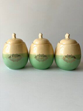 Vintage Green & Yellow Ceramic Canister Set - Coffee Sugar Tea